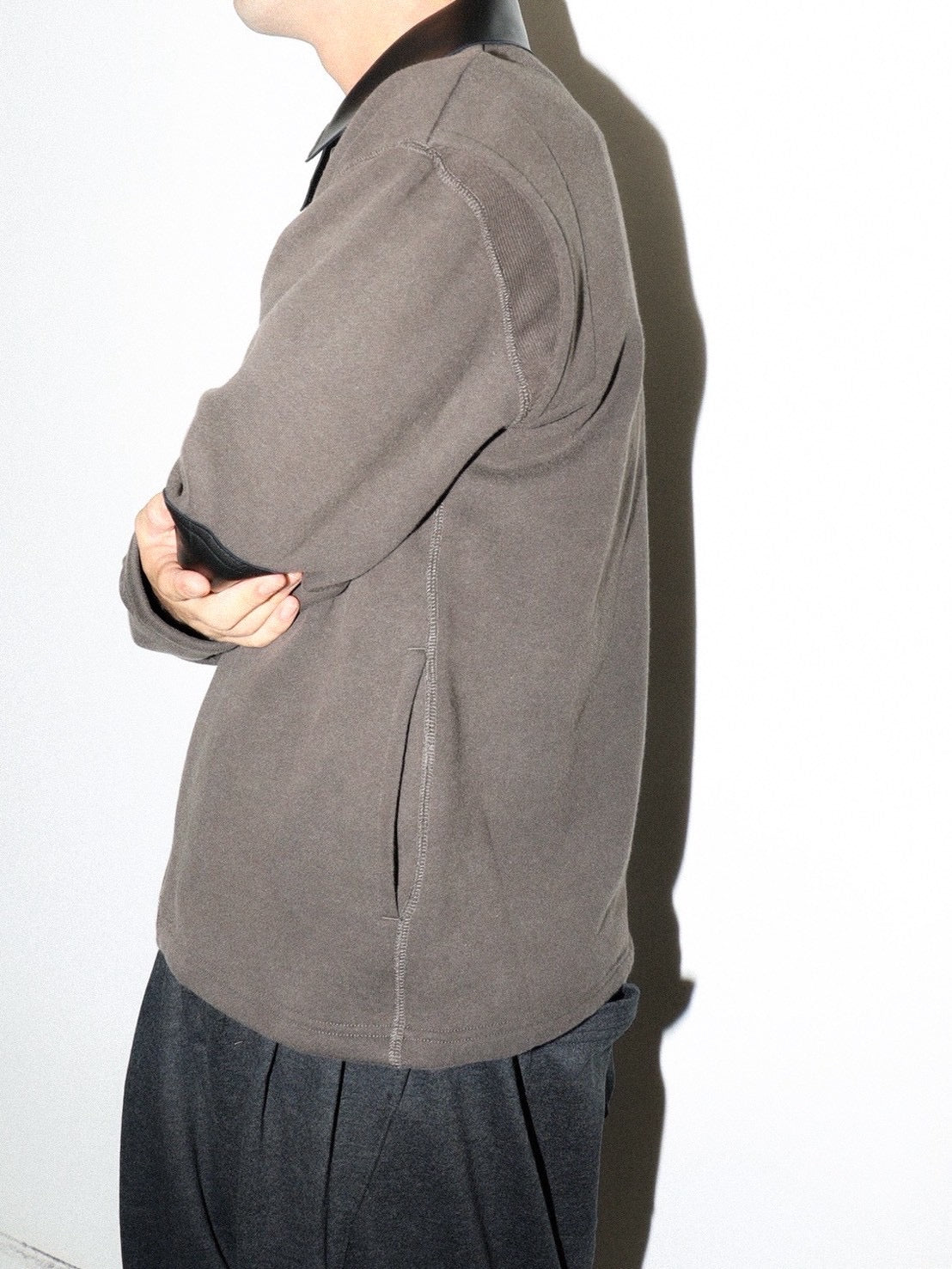 LEATHER COLLAR FADE SWEAT ZIP JACKET