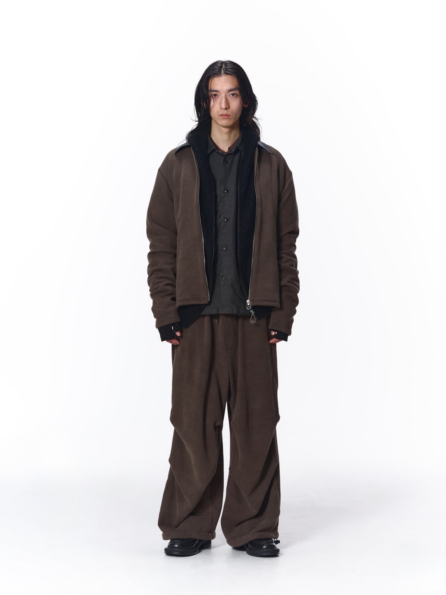 LEATHER COLLAR FADE SWEAT ZIP JACKET
