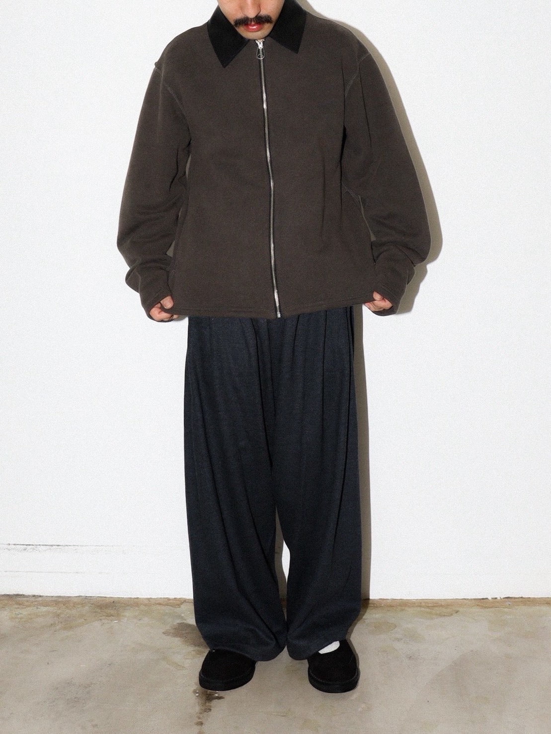LEATHER COLLAR FADE SWEAT ZIP JACKET