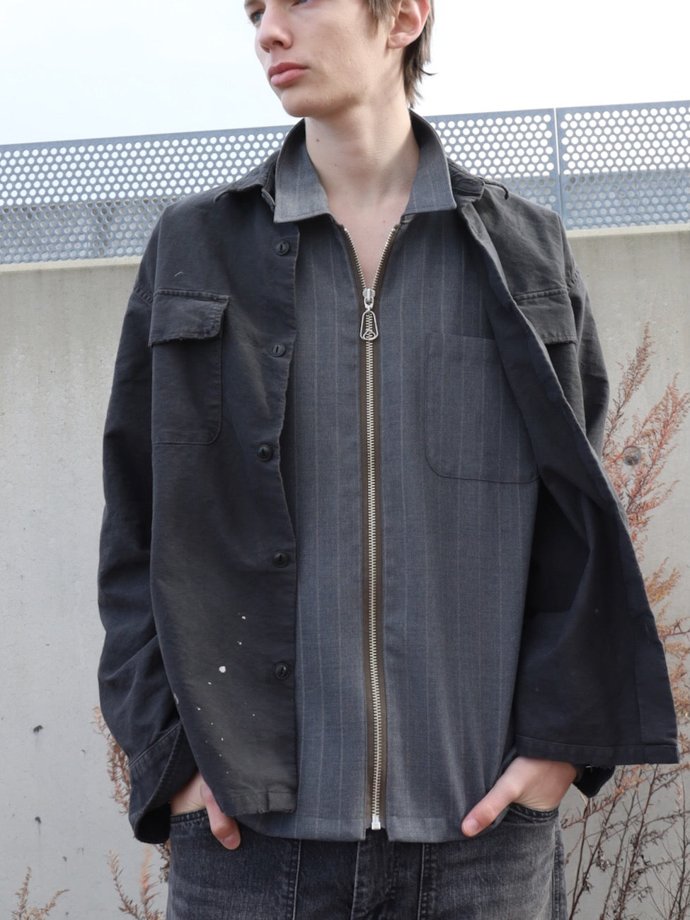 WOOL STRIPE ZIP SHIRT