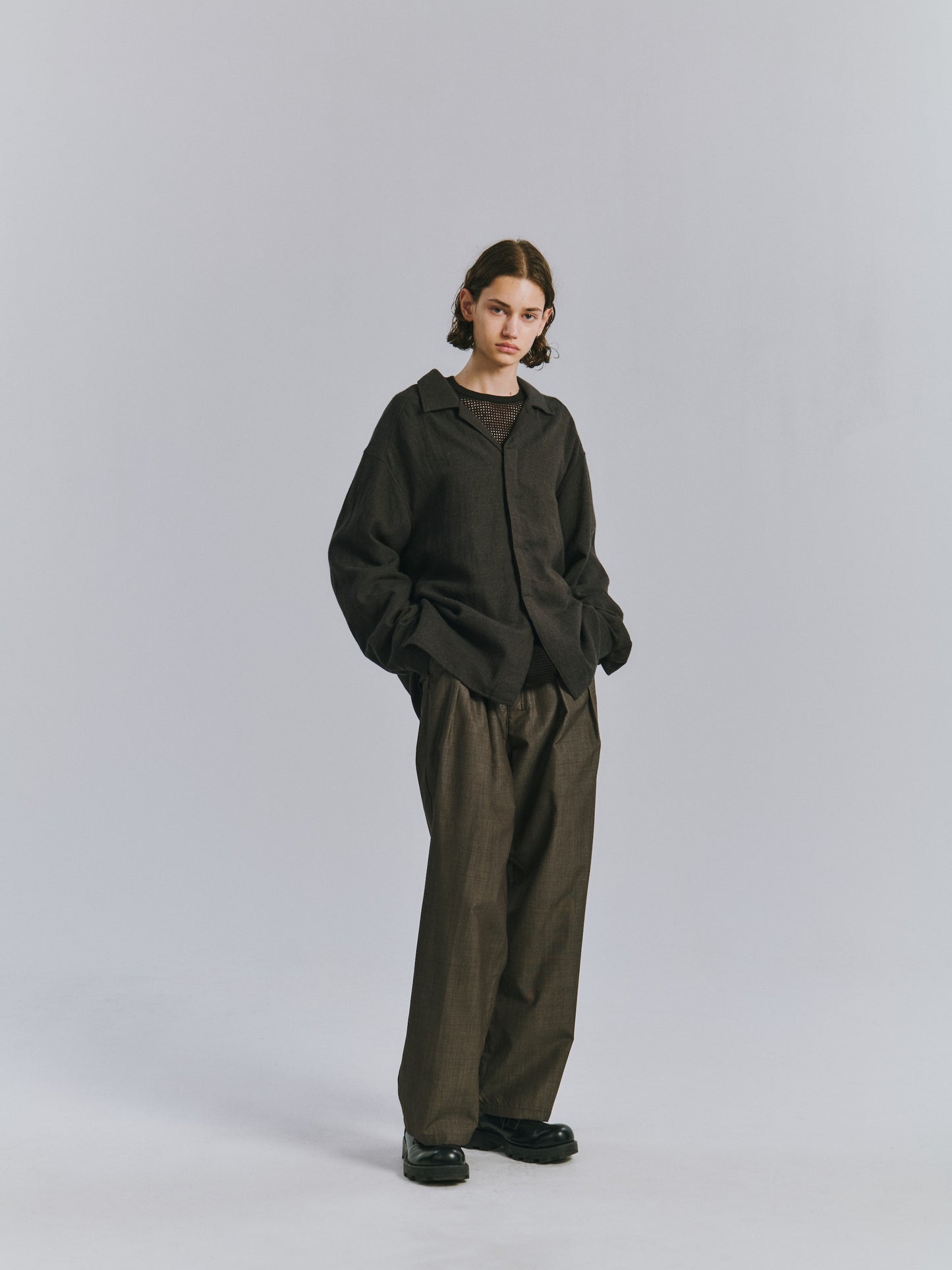 ANCELLM　AGING LINEN CROSS-LINE SHIRT