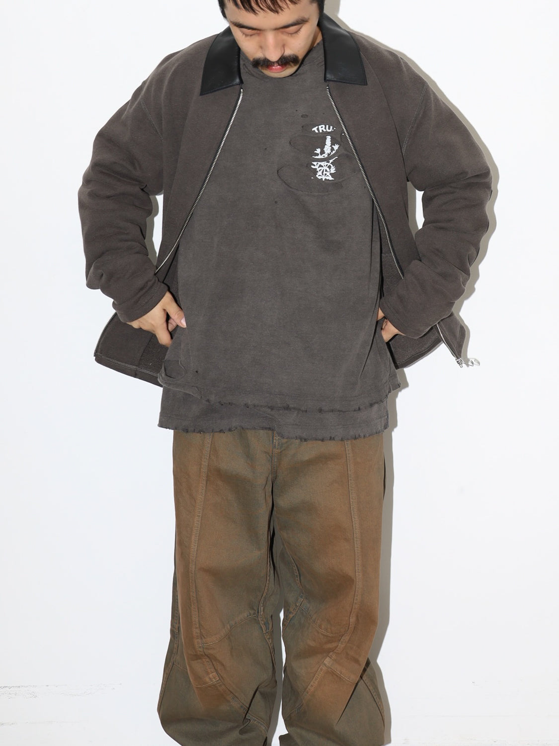 JIEDA　LEATHER COLLAR FADE SWEAT ZIP JACKET