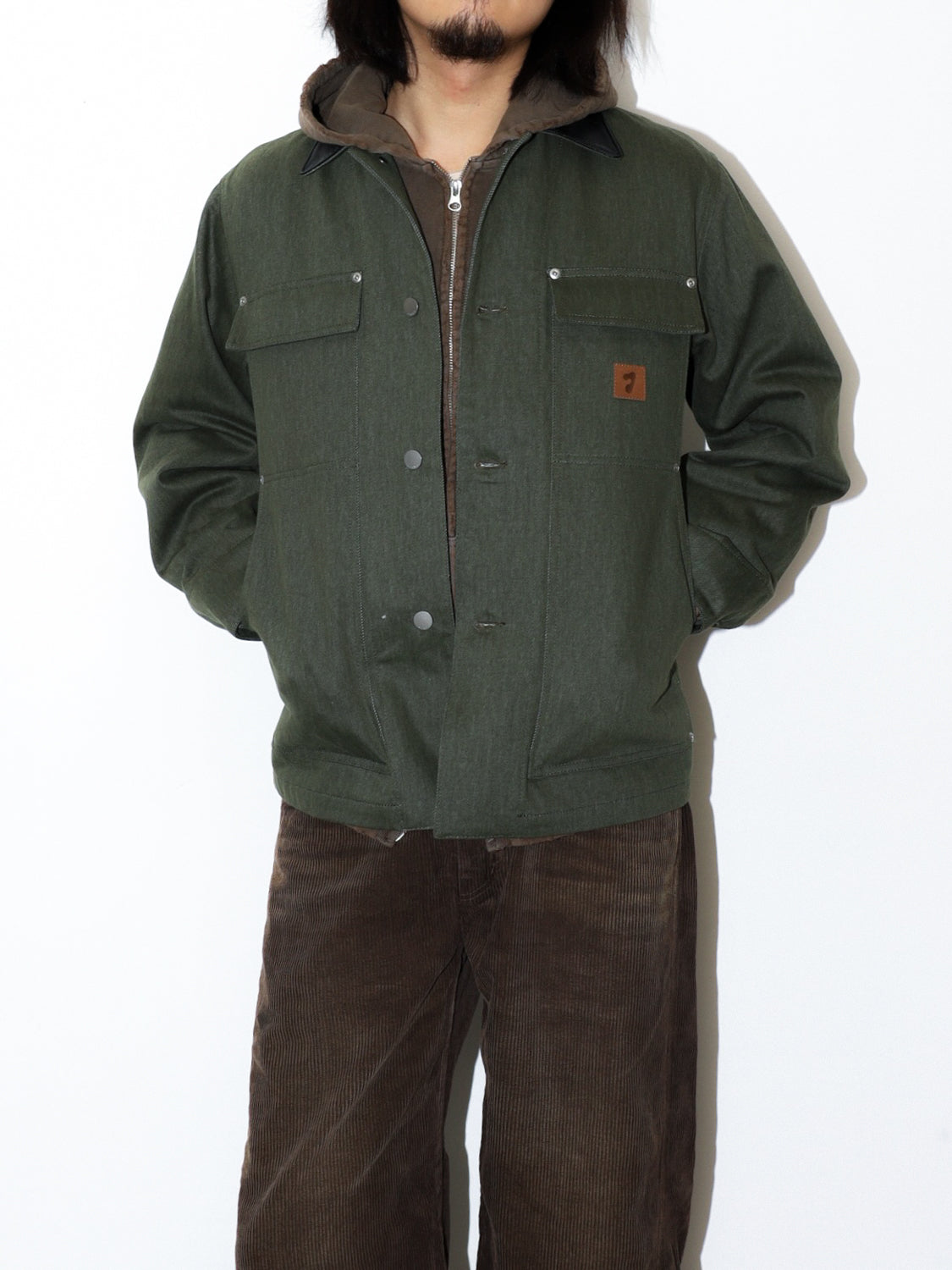 JIEDA　LEATHER COLLAR FADE COVERALL