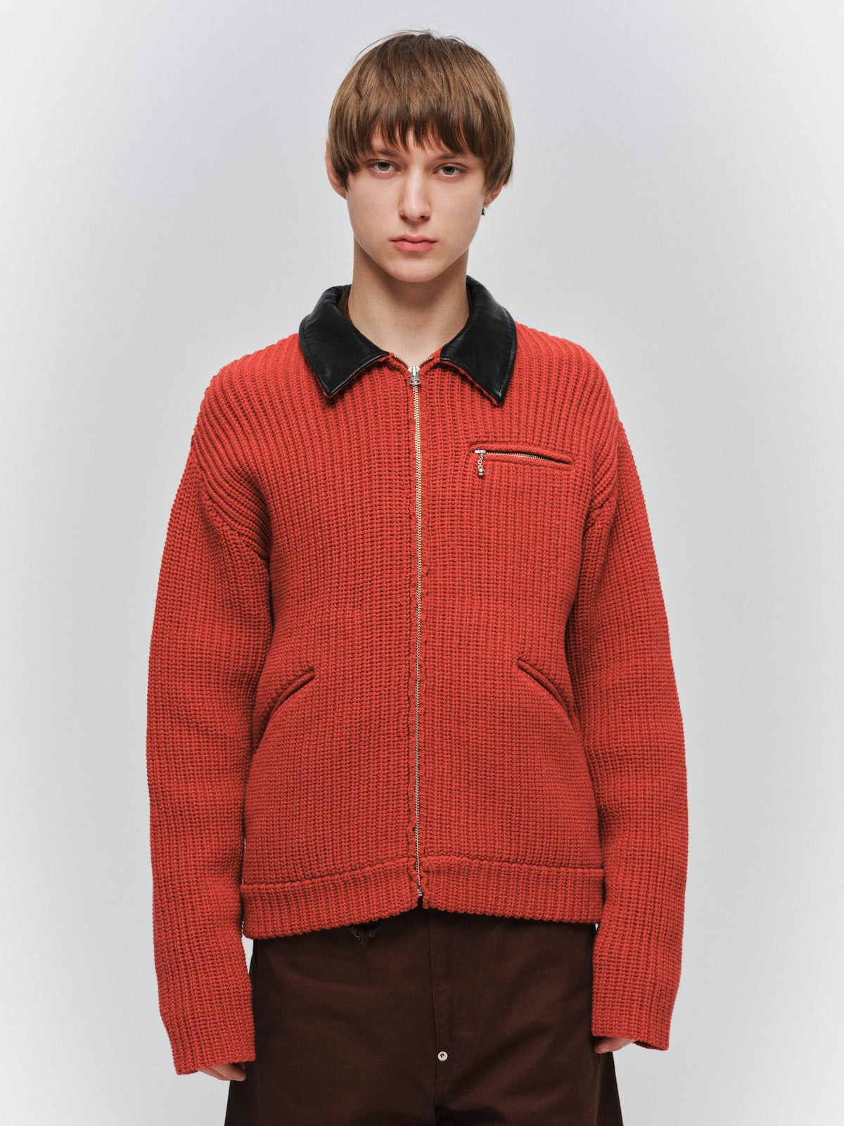 JIEDA　LEATHER-COLLAR KNIT WORK JACKET
