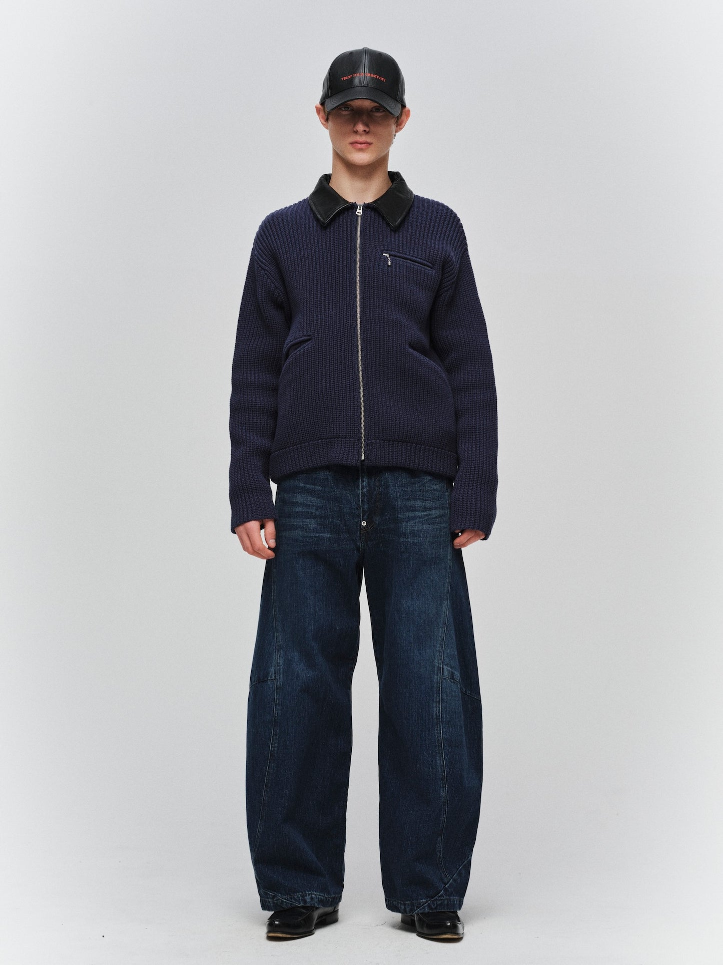 JIEDA　LEATHER-COLLAR KNIT WORK JACKET