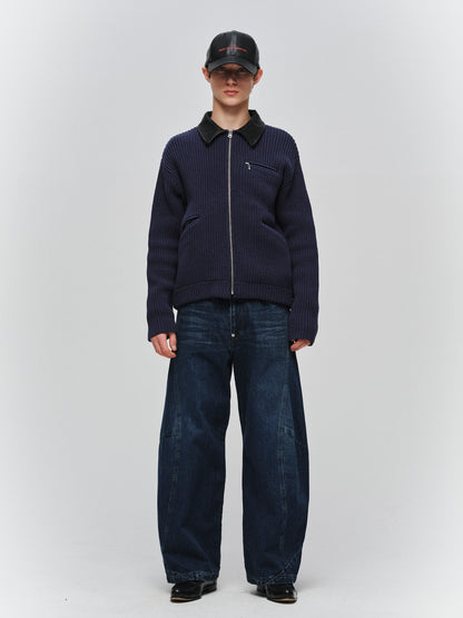 JIEDA　LEATHER-COLLAR KNIT WORK JACKET