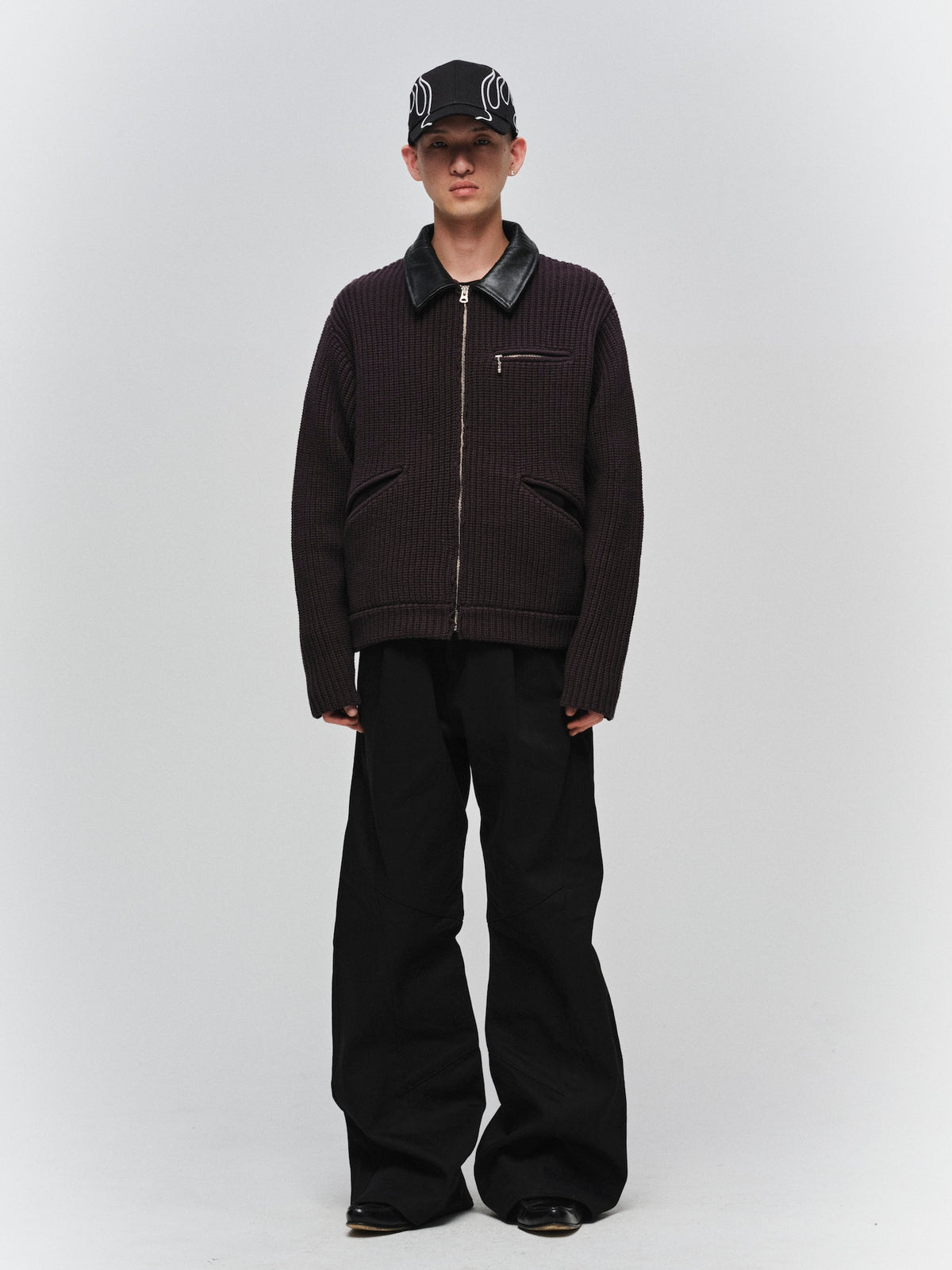 JIEDA　LEATHER-COLLAR KNIT WORK JACKET