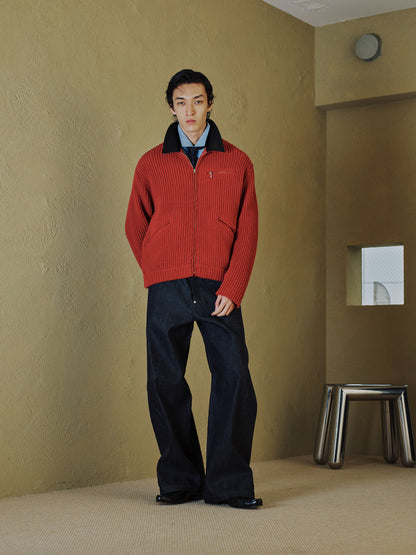 JIEDA　LEATHER-COLLAR KNIT WORK JACKET