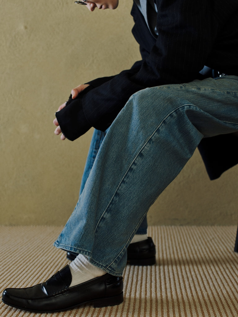 JIEDA　USED WASH ENGINEERED DRAPED FLARE DENIM PANTS